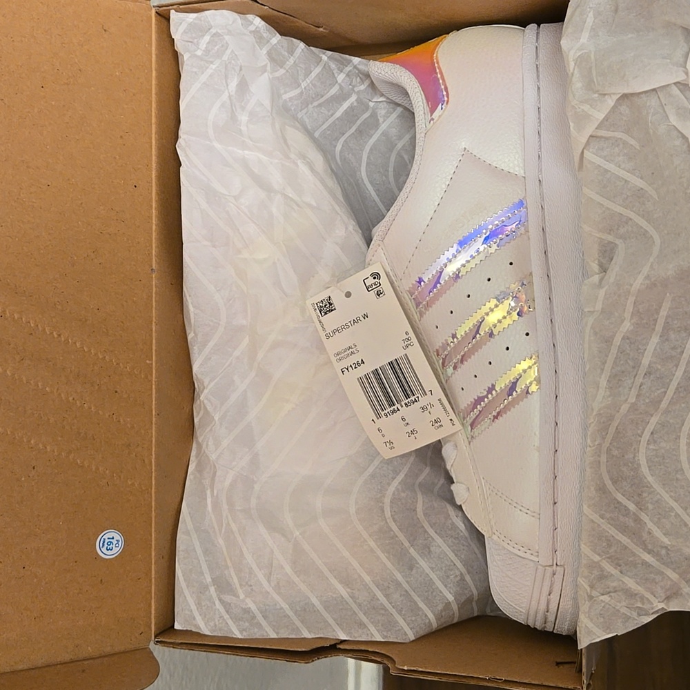 NIB, Adidas Superstar Sneakers, White Iridescent, Womens Size 7.5 - Picture 11 of 11
